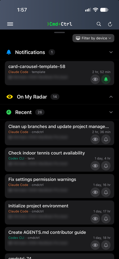 Cmd+Ctrl session list showing Claude Code and Codex CLI sessions together